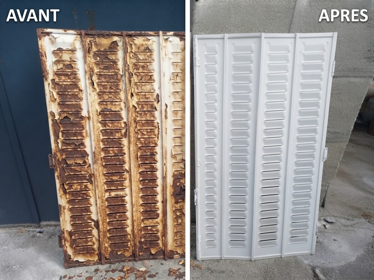 Rénovation de persienne en fer à Paris avant après — sablage, thermolaquage, réglage de persienne et quincaillerie neuve par Paris Volet Roulant