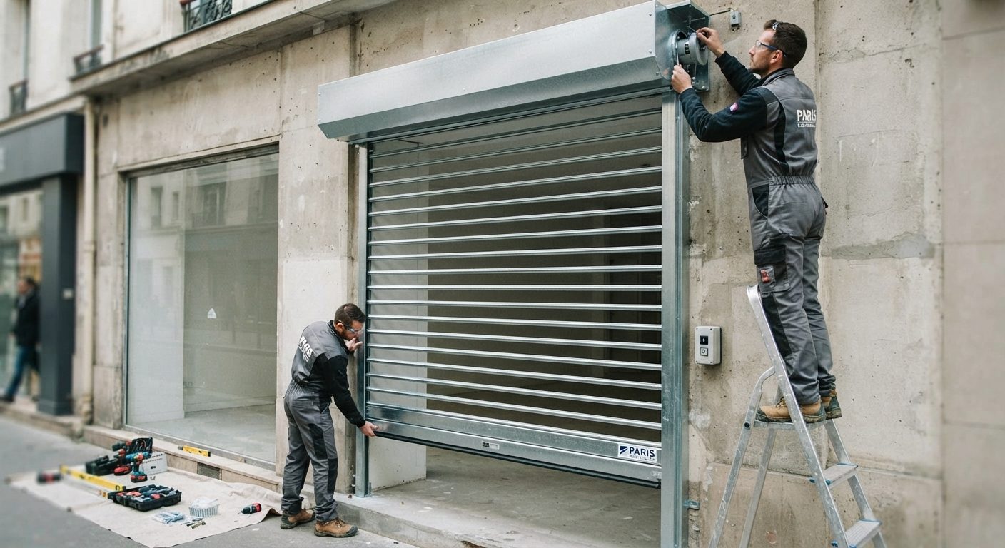 Installation de rideau métallique neuf sur mesure sur une devanture de commerce — pose, dépannage et réparation Paris et Île-de-France — Paris 5e Quartier Latin, Paris 6e Saint-Germain-des-Prés, Paris 7e Invalides Tour Eiffel, Paris 8e Champs-Élysées — lames pleines, micro-perforées, grille articulée