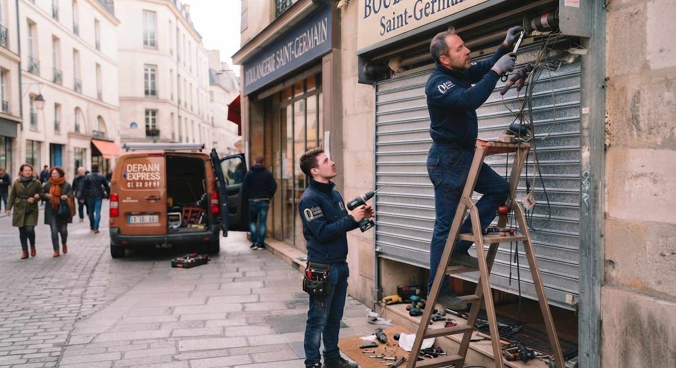 Techniciens réparateurs Paris Volet Roulant en dépannage d'urgence sur un rideau métallique de boulangerie à Saint-Germain, Paris — réparation rideau métallique Île-de-France — Paris 9e Opéra, Paris 10e Canal Saint-Martin, Paris 11e République Bastille, Paris 12e Nation — lames pleines, micro-perforées, grille articulée